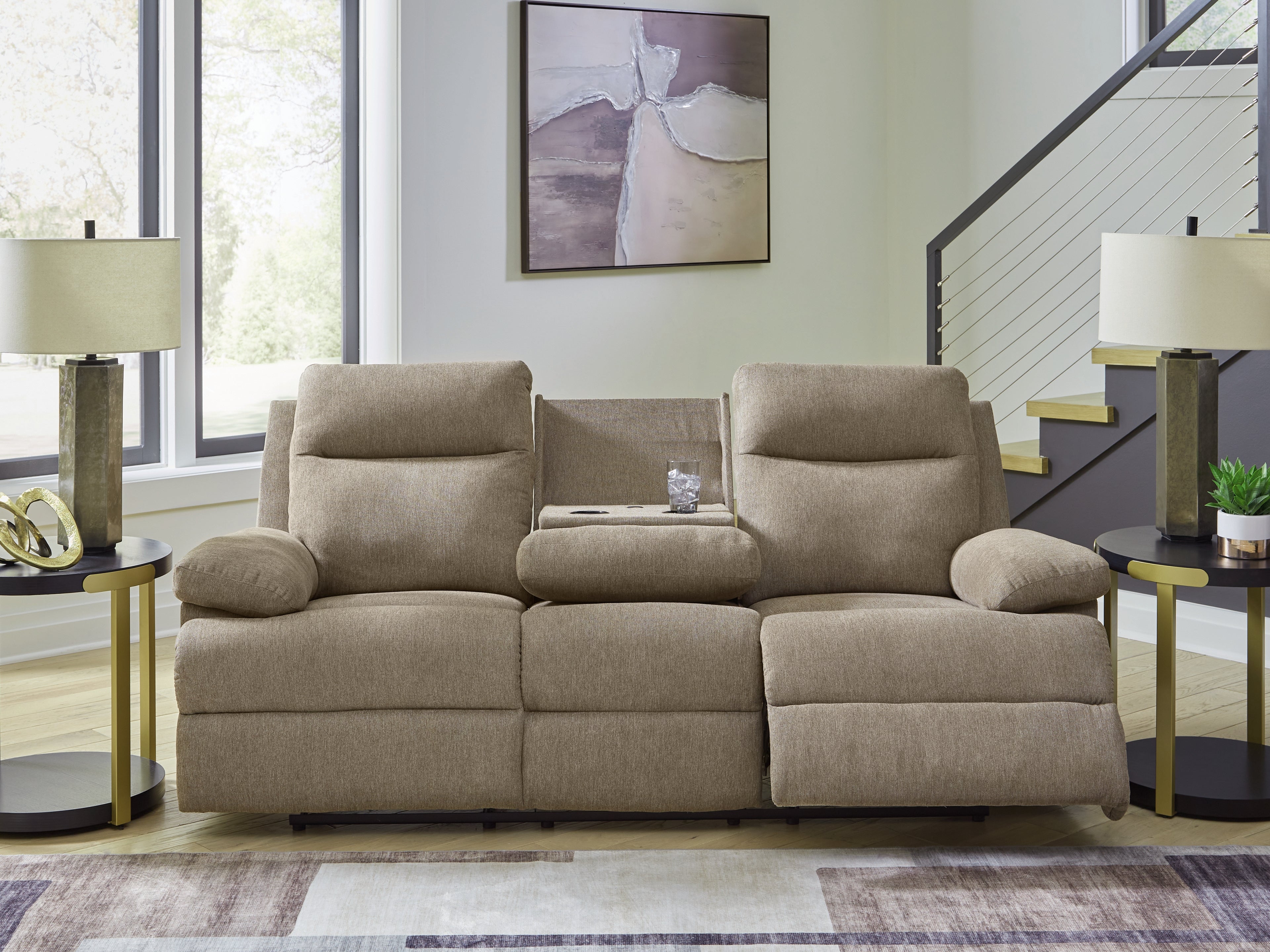 Side-Swipe Reclining Sofa with Drop Down Table